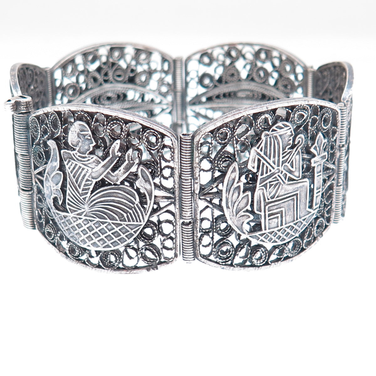 800 Silver Antique Egyptian Storyteller Filigree Oxidized Panel Link Bracelet 7"