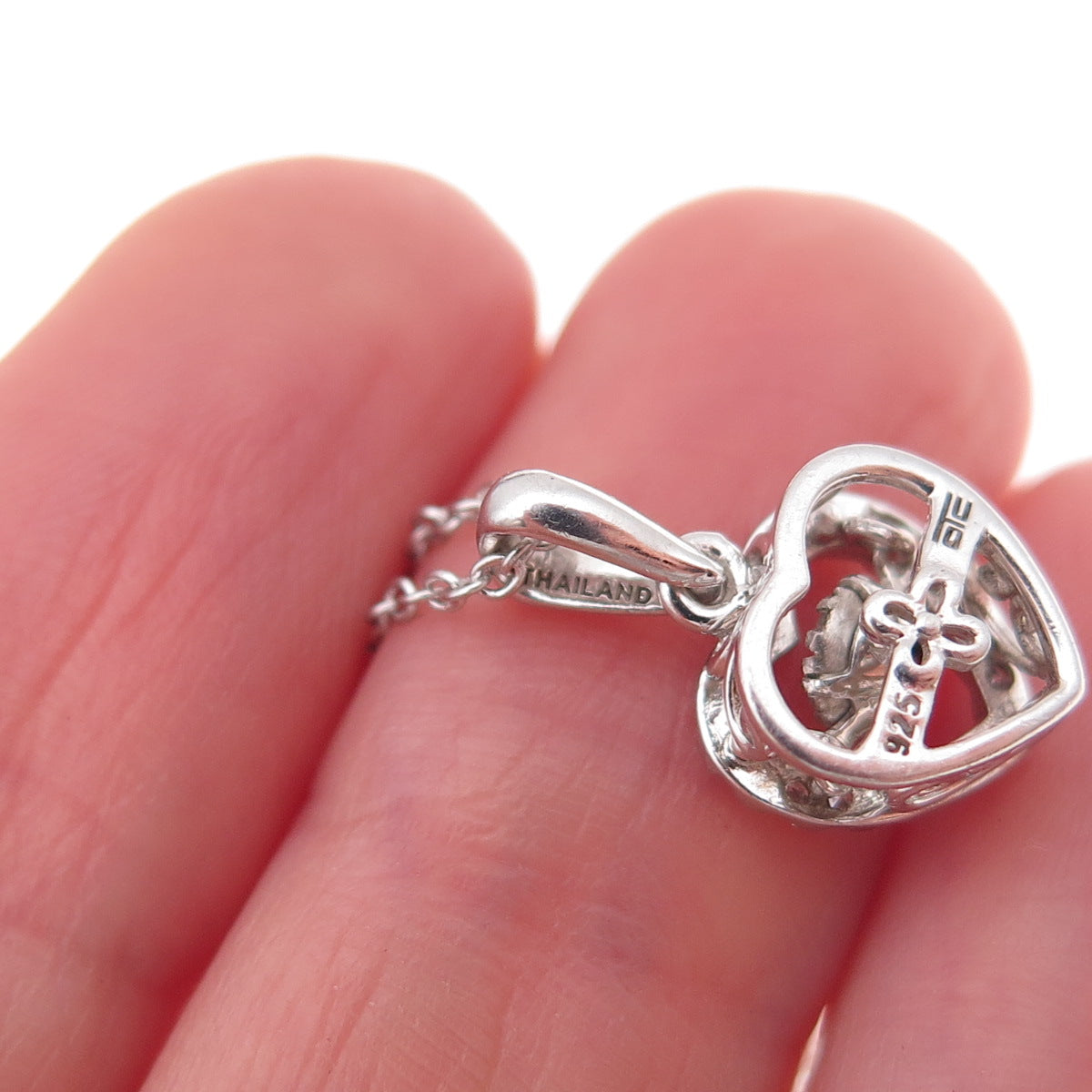 925 Sterling Silver Real Round-Cut Diamond Heart Cable Chain Necklace 18"