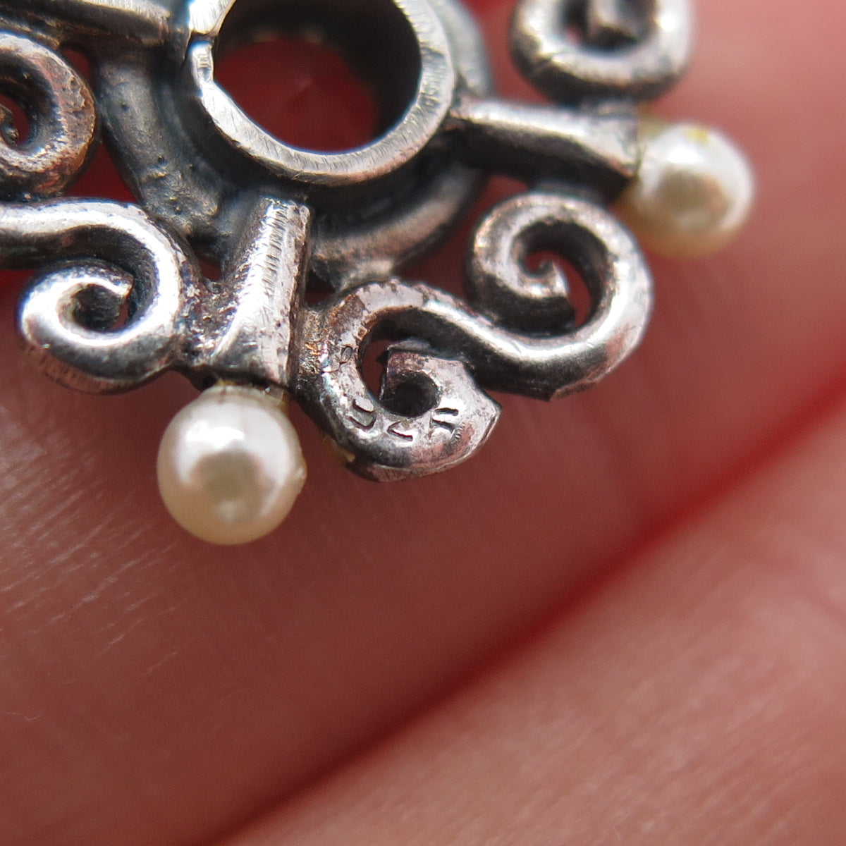 925 Sterling Silver Vintage Faux Pearl & Real Citrine Swirl Oxidized Earrings