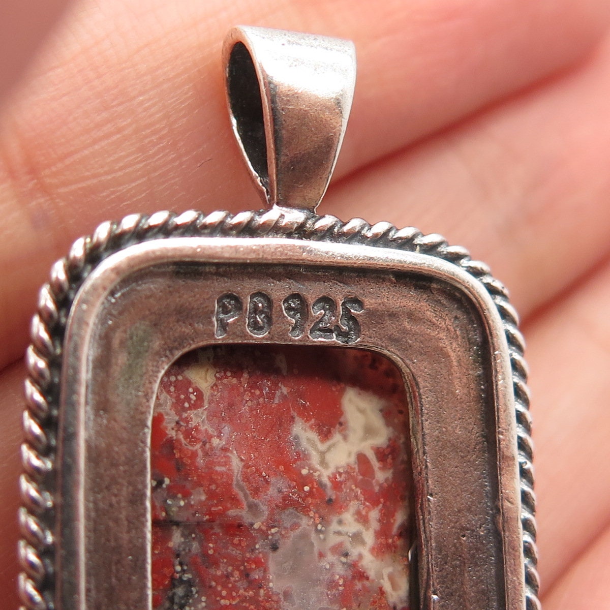925 Sterling Silver Vintage Real Agate Gem Twisted Square Pendant