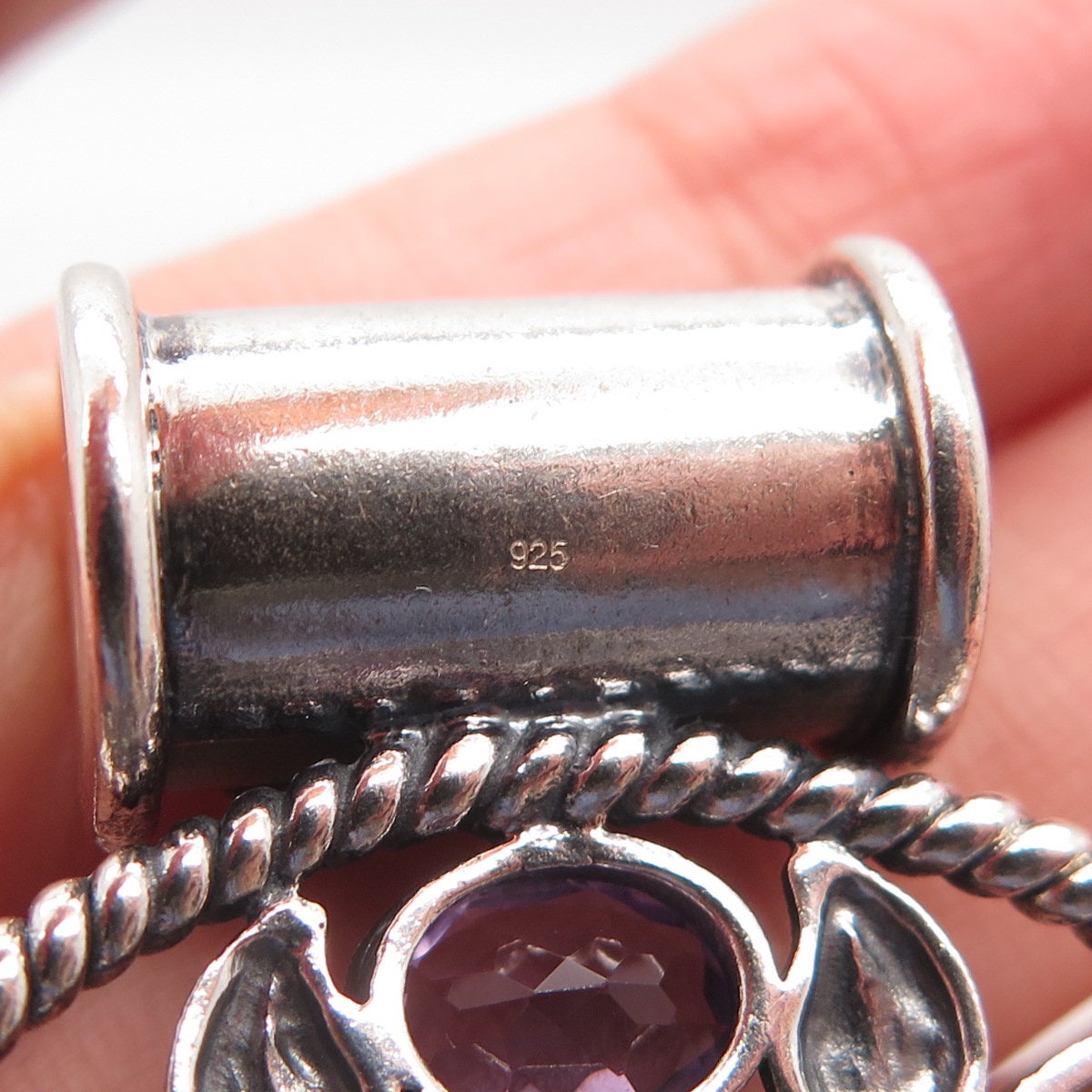 925 Sterling Silver Vintage Real Amethyst & Citrine Gemstone Ornate Pendant