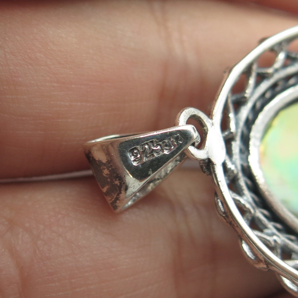 925 Sterling Silver Vintage Real Abalone Shell Wicker Pendant