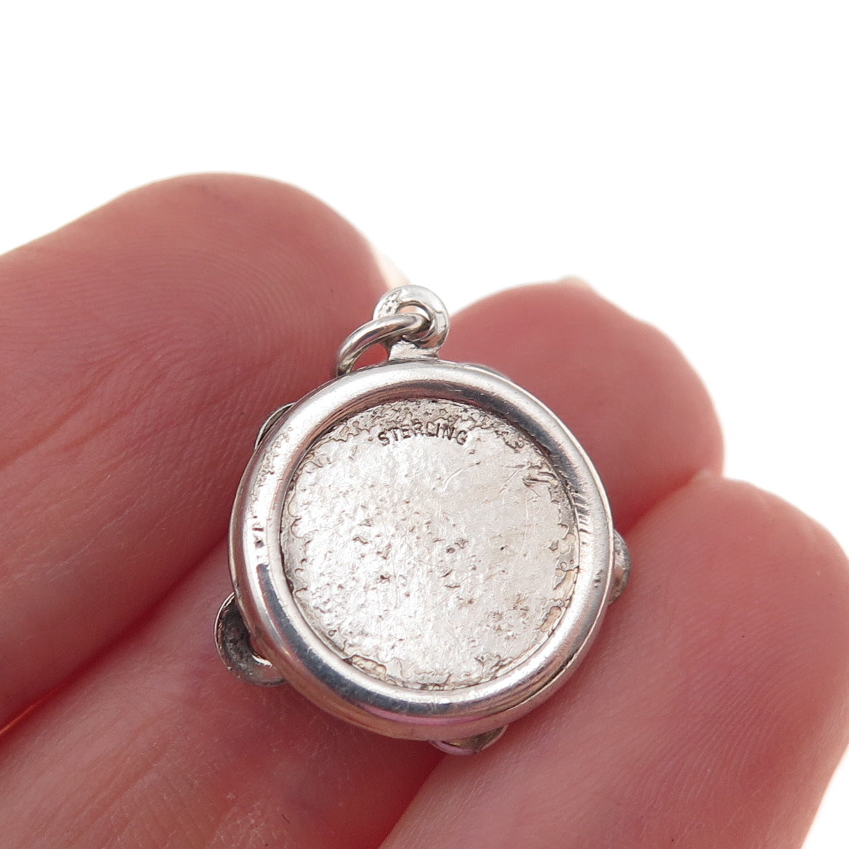 925 Sterling Silver Antique Art Deco Tambourine Oxidized 3D Charm Pendant