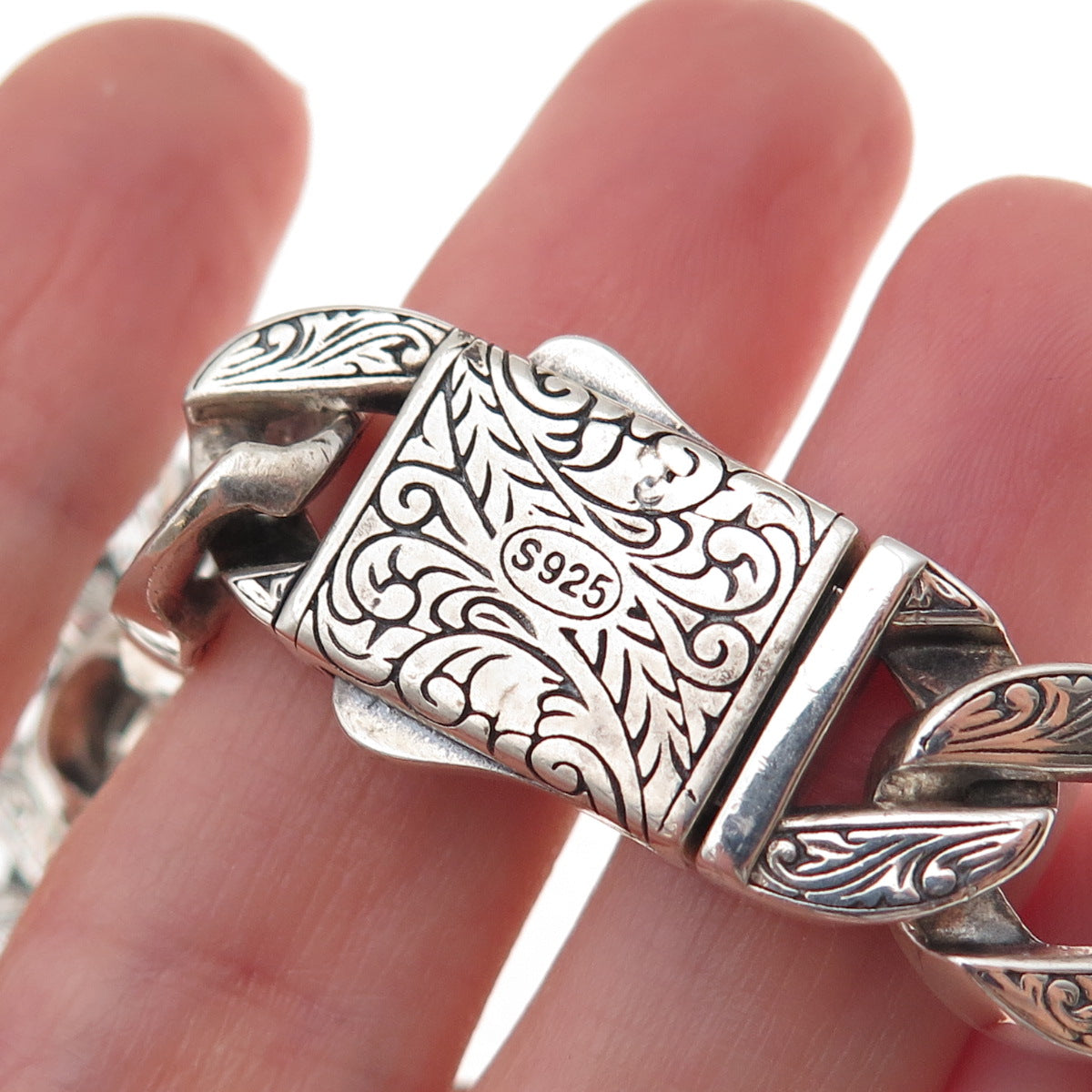 925 Sterling Silver Vintage Etched Floral Cuban Link Oxidized Bracelet 8.5"