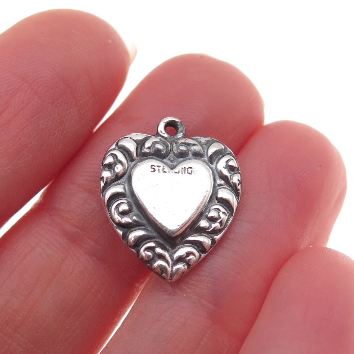 925 Sterling Silver Antique Art Deco Heart Chatelaine Oxidized Charm Pendant