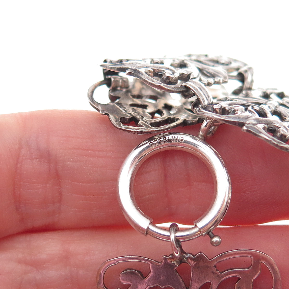 925 Sterling Silver Antique Art Deco Floral Panel Link Oxidized Bracelet 7.75"