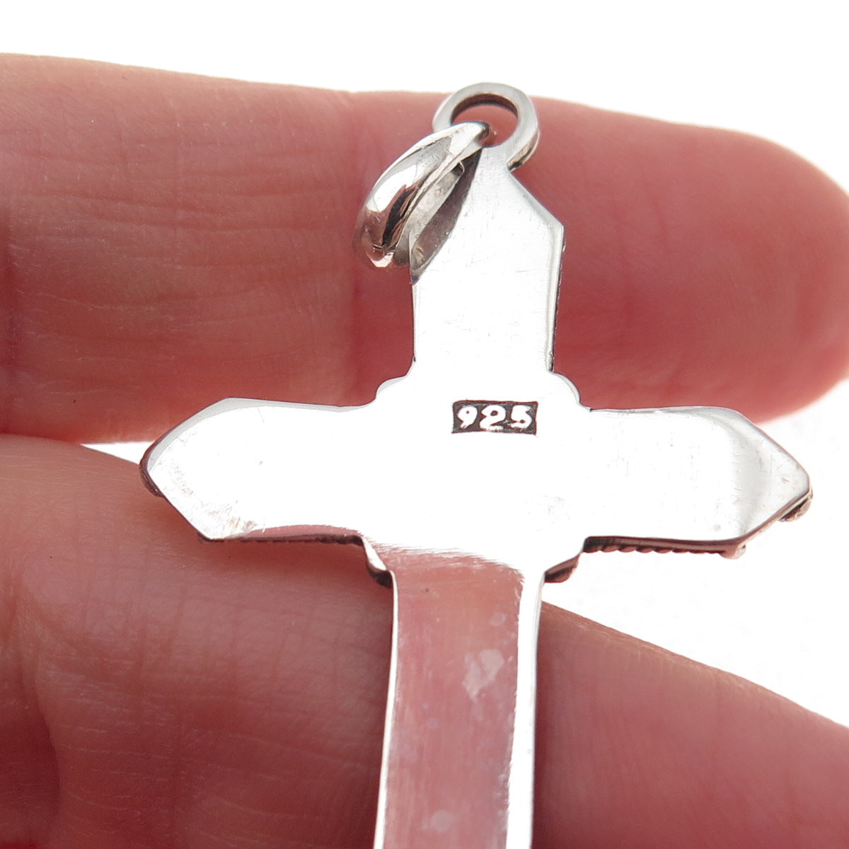 925 Sterling Silver Vintage Real Amethyst Beaded Cross Oxidized Charm Pendant