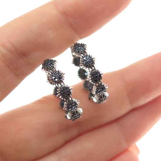 925 Sterling Silver Round-Cut Black C Z In & Out Hoop Earrings