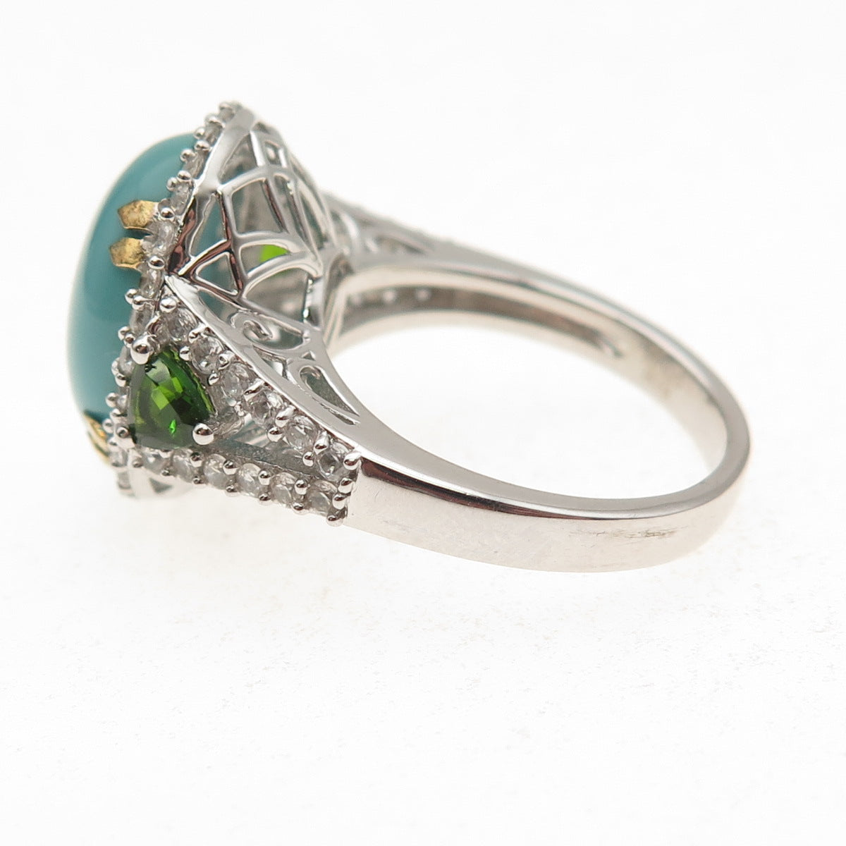 925 Sterling Silver 2-Tone Real Turquoise White Topaz & Peridot Ring Size 8.25