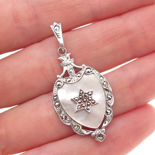 Theda Sterling Antique Art Deco Real MOP & Marcasite Star of David Charm Pendant