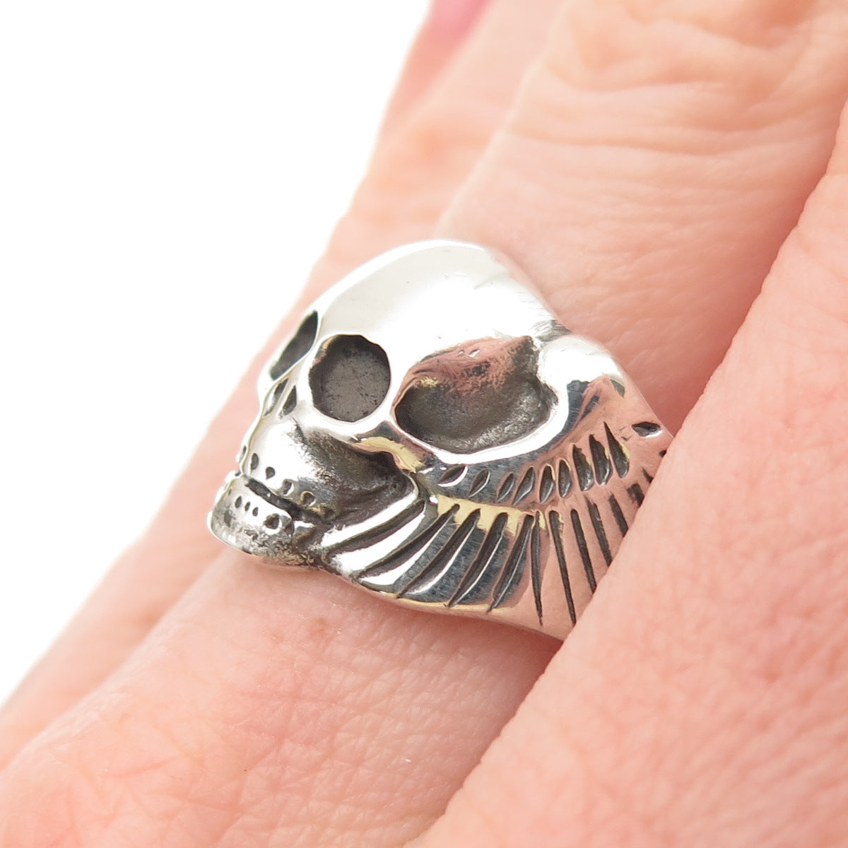 925 Sterling Silver Vintage Skull & Wings Oxidized Biker Ring Size 8.75