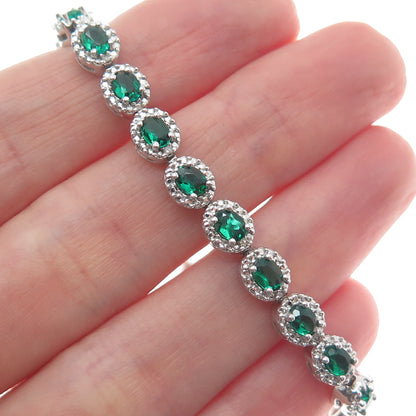 925 Sterling Silver Real Round-Cut Diamond & Crome Diopside Bracelet 7.5"