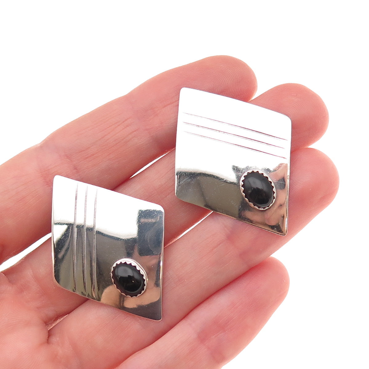 Old Pawn 925 Sterling Silver Vintage Southwestern Black Onyx Tribal Earrings