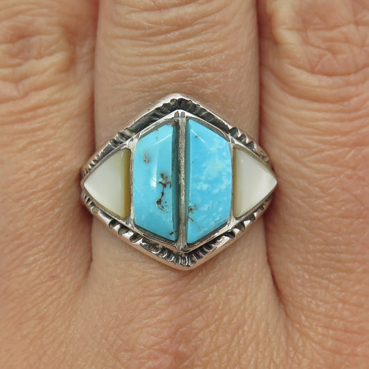 Old Pawn 925 Sterling Silver Vintage Mother-of-Pear & Turquoise Ring Size 9.5