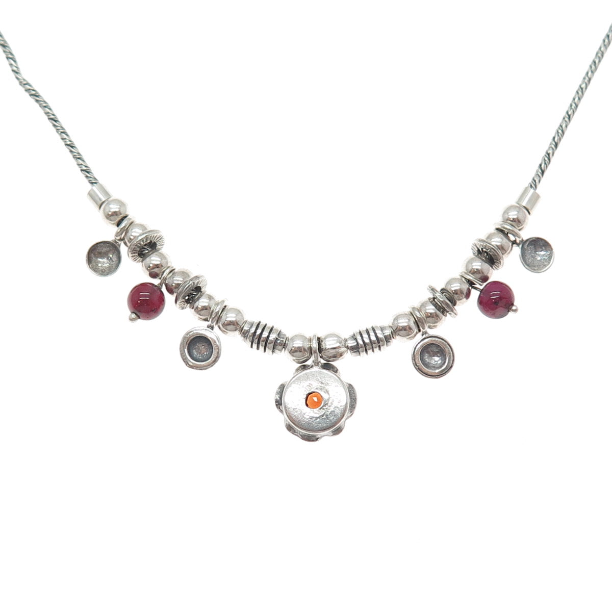 925 Sterling Silver Vintage Real Garnet Tourmaline Modernist Chain Necklace 18"