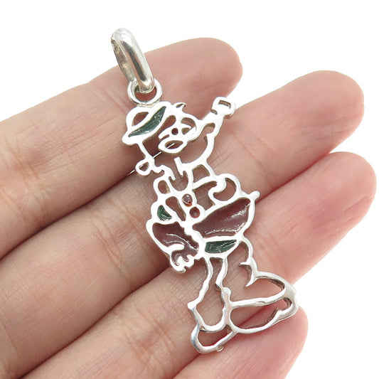 925 Sterling Silver Vintage Italy Enamel Popeye Cartoon Character Pendant