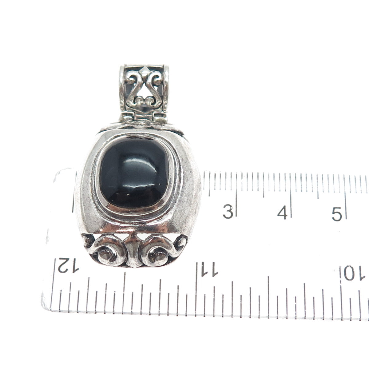 925 Sterling Silver Vintage Real Black Onyx Ornate Oxidized Charm Pendant