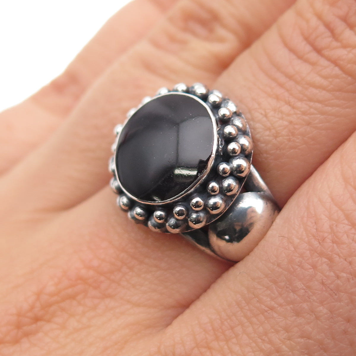 925 Sterling Silver Vintage Real Black Onyx Beaded Oxidized Ring Size 6.5