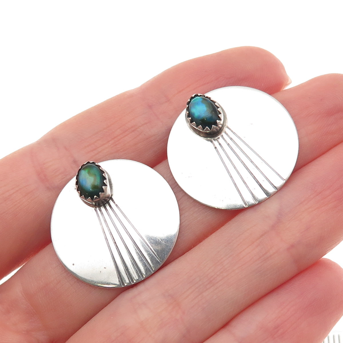 Old Pawn 925 Sterling Silver Vintage Southwestern Abalone Shell Disc Earrings