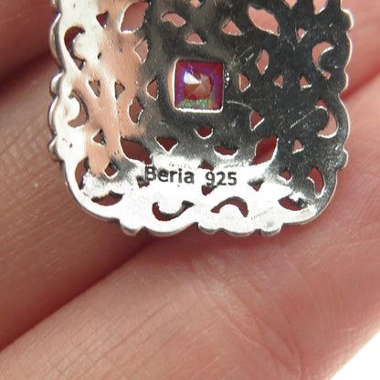 BERIA 925 Sterling Silver Princess-Cut Mystic Crystal Ornate Square Pendant