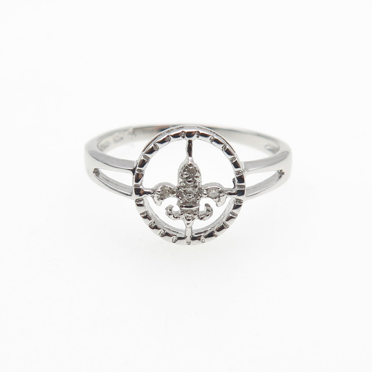 925 Sterling Silver Real Round-Cut Diamond Fleur de Lis Ring Size 8