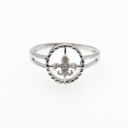 925 Sterling Silver Real Round-Cut Diamond Fleur de Lis Ring Size 8