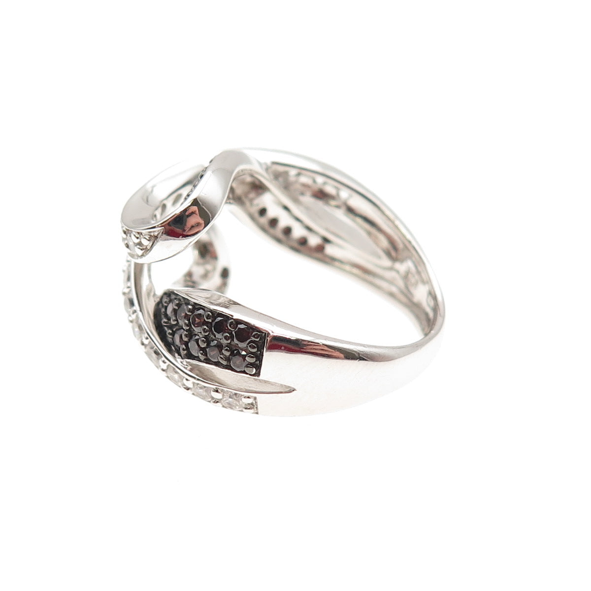 KEY STAR 925 Sterling Silver Round-Cut Black & White C Z Bypass Ring Size 5