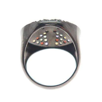 925 Sterling Silver Black Rhodium Enamel Real Multi-Sapphire Ring Size 7.25