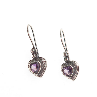 925 Sterling Silver Vintage Real Amethyst Heart Dangle Earrings