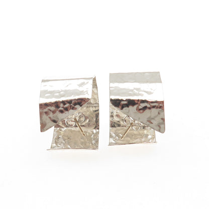 SUZENNE 925 Sterling Silver Gold Posts Vintage Modernist Hammered Hoop Earrings