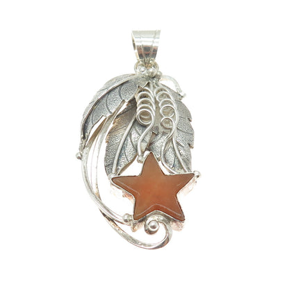 925 Sterling Silver Vintage Real Carnelian Agate Gemstone Star Leaf Pendant