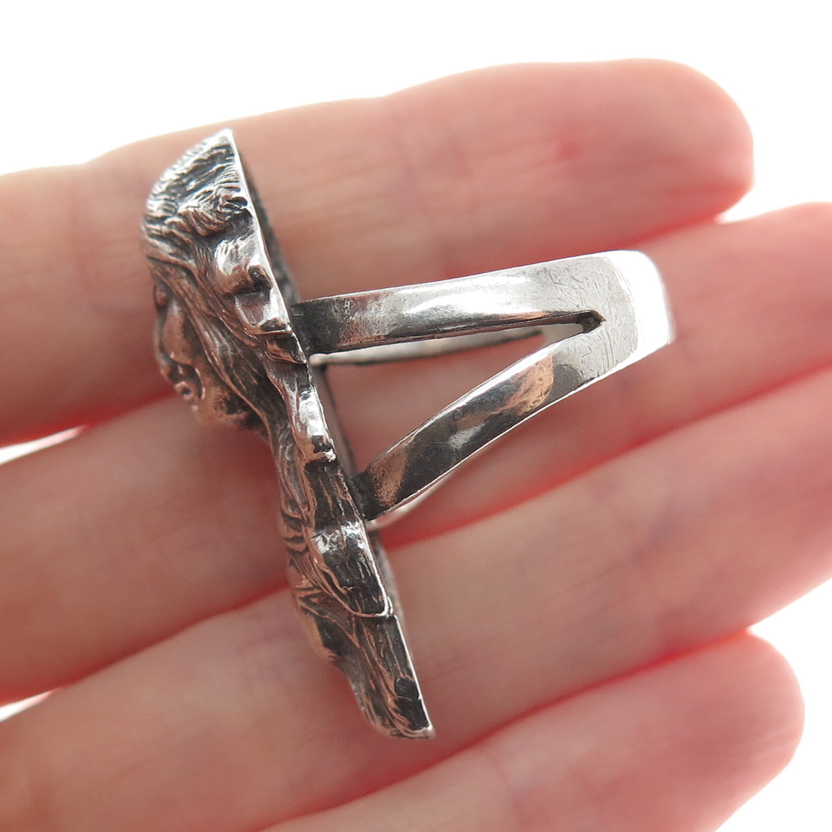925 Sterling Silver Vintage Indian Chief Statement Oxidized Ring Size 10.5