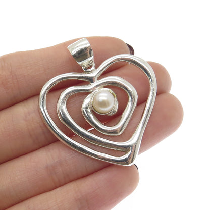 925 Sterling Silver Vintage Real Pearl Spiral Heart Pendant