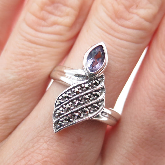 925 Sterling Silver Vintage Real Amethyst & Marcasite Modernist Ring Size 7.75