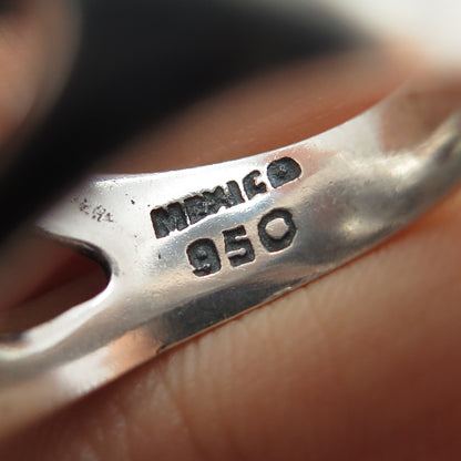 950 Silver Vintage Mexico Real Jade Modernist Oxidized Ring Size 8.25