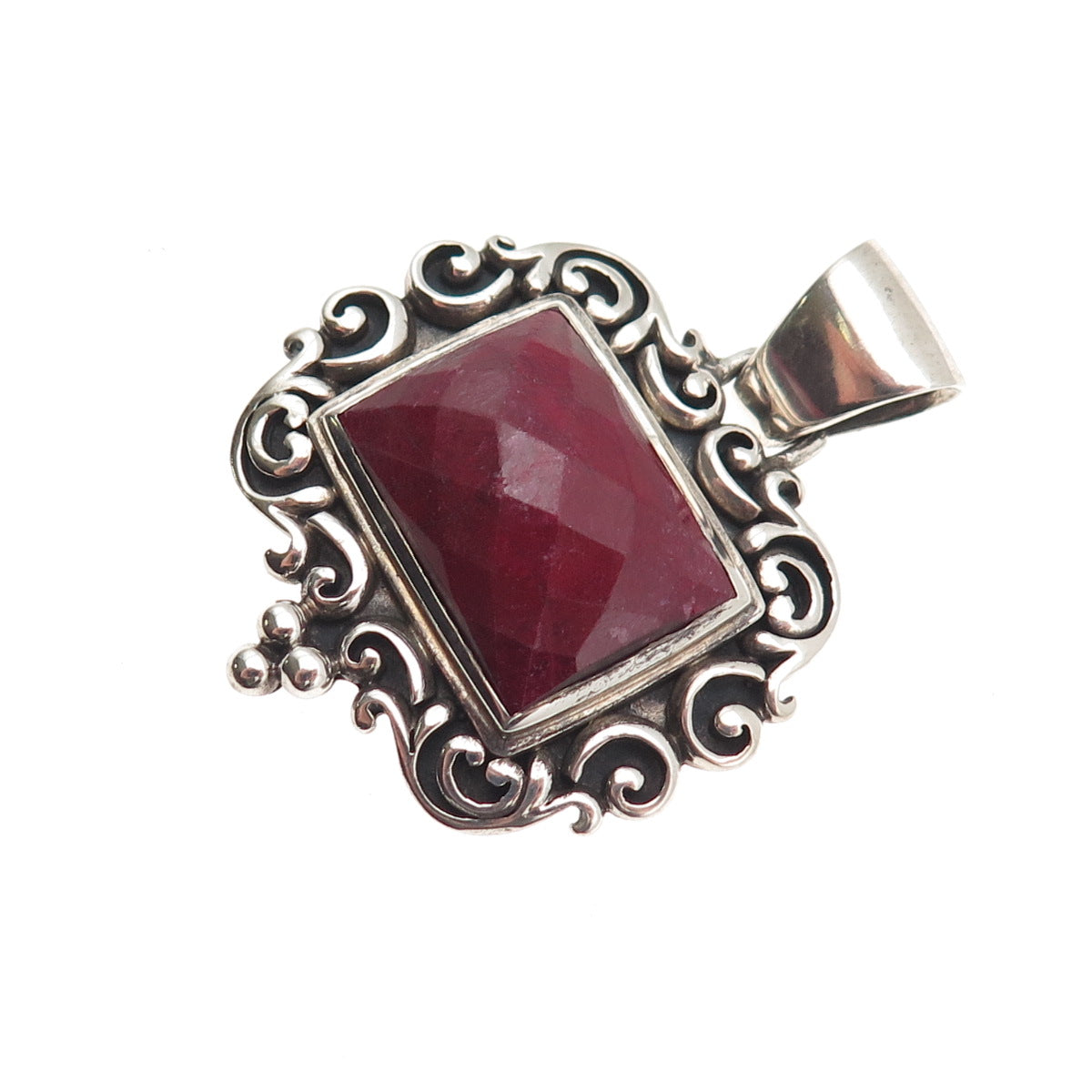 925 Sterling Silver Vintage Real Ruby Swirl Oxidized Pendant