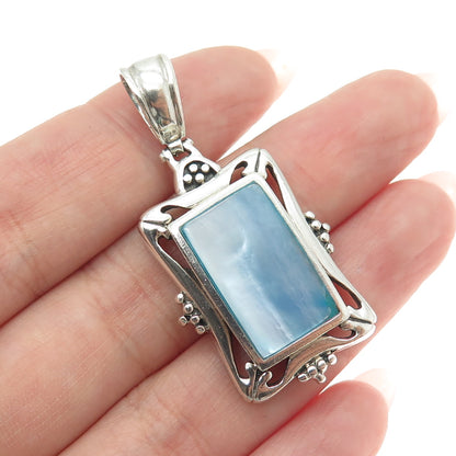 925 Sterling Silver Vintage Real Blue Mother-of-Pearl Granulated Pendant