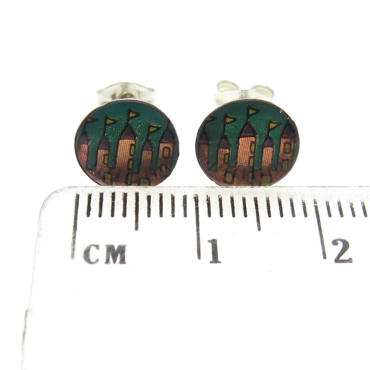 925 Sterling Silver Vintage Enamel Castle Stud Earrings