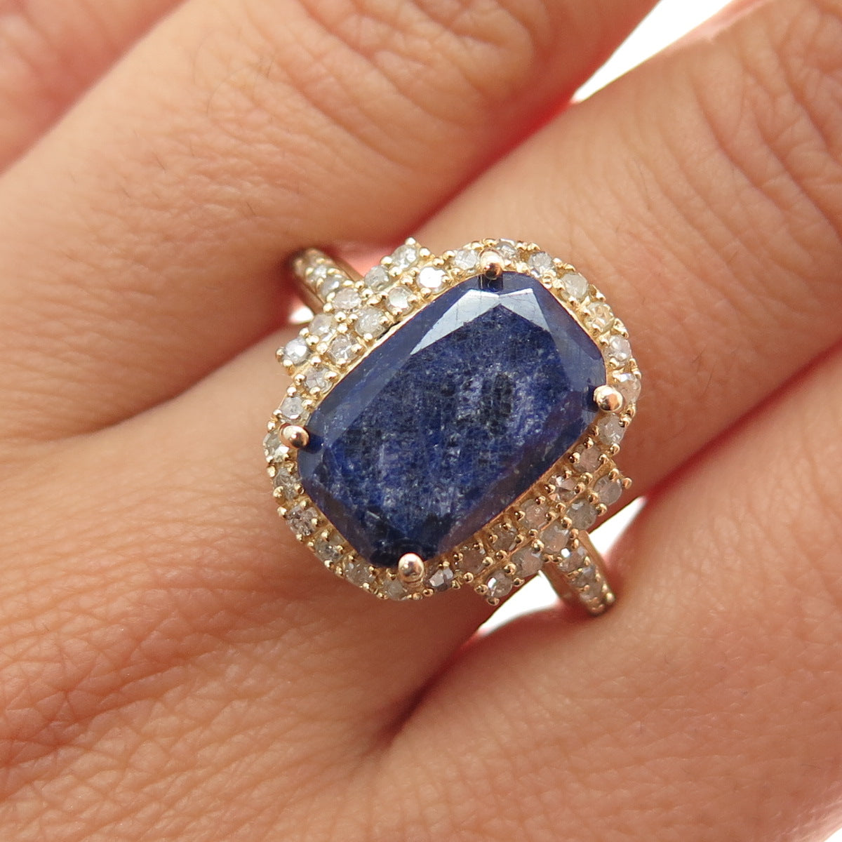 DSMK 925 Sterling Silver Gold Plated Real Diamond & Sapphire Ring Size 7.25