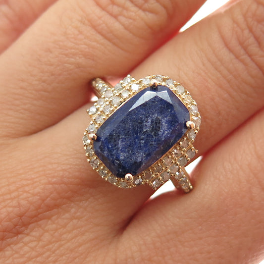 DSMK 925 Sterling Silver Gold Plated Real Diamond & Sapphire Ring Size 7.25