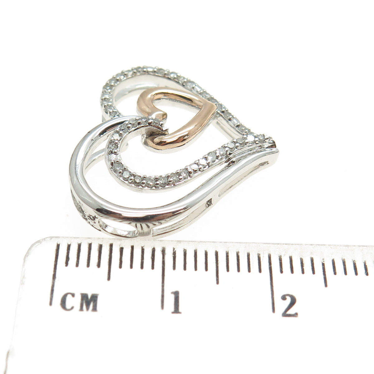 SUN 10K Rose Gold & 925 Sterling Silver Real Diamond Heart Slide Pendant