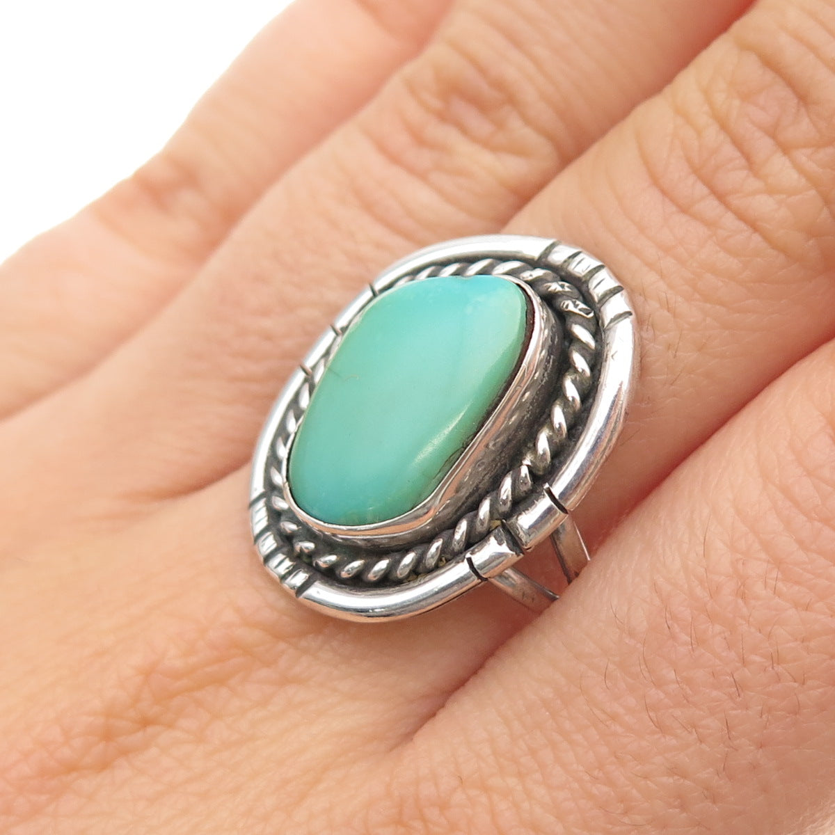 Old Pawn Sterling Vintage Southwestern Lone Mountain Turquoise Ring Size 9.75