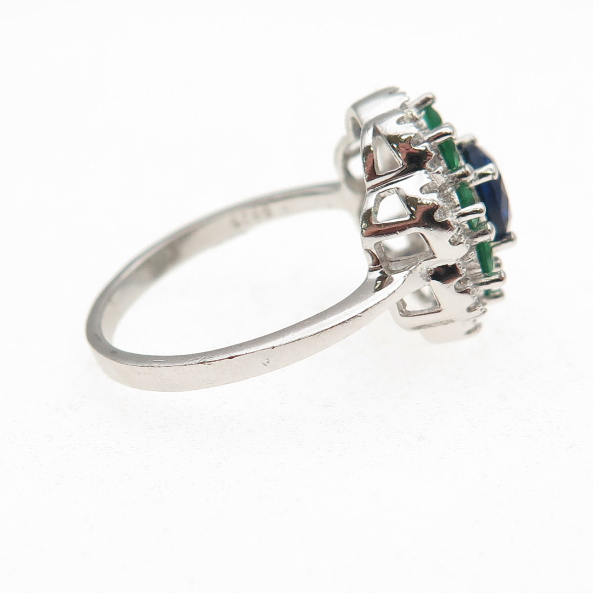 925 Sterling Silver Round-Cut Blue Green & White C Z Floral Ring Size 7.75