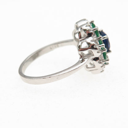 925 Sterling Silver Round-Cut Blue Green & White C Z Floral Ring Size 7.75