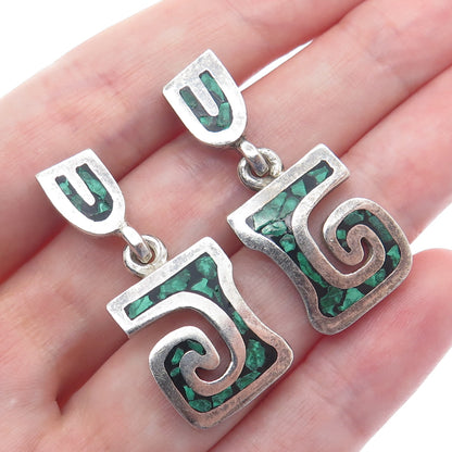 925 Sterling Silver Vintage Mexico Real Malachite Inlay Tribal Spiral Earrings