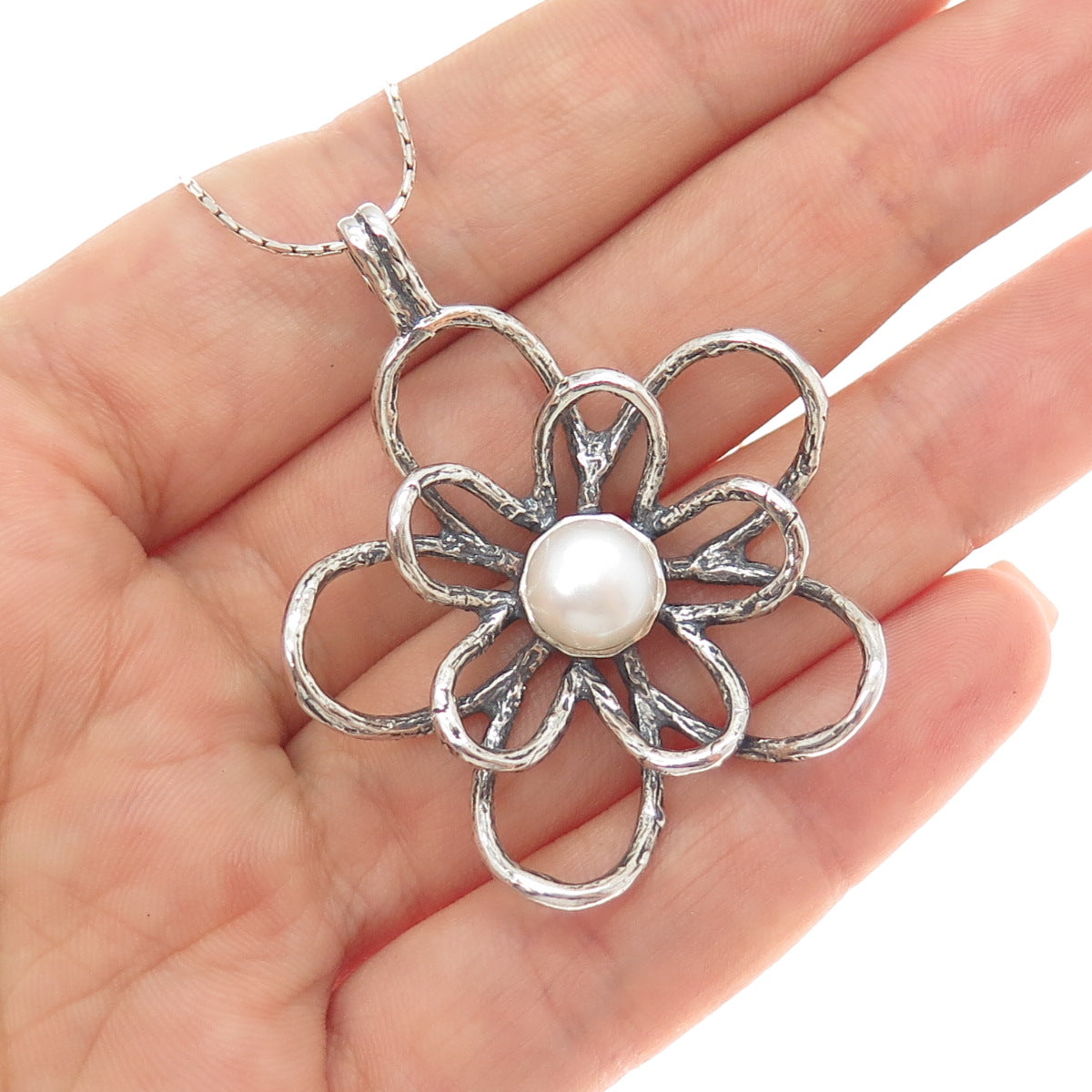 925 Sterling Silver Vintage Real Pearl Flower Blossom Chain Necklace 16"