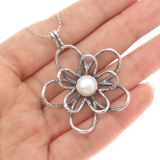 925 Sterling Silver Vintage Real Pearl Flower Blossom Chain Necklace 16"