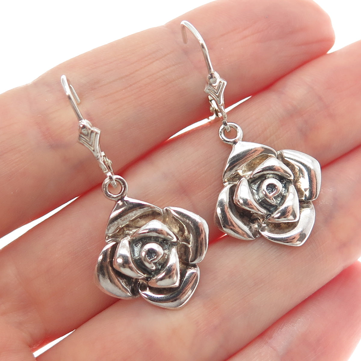 925 Sterling Silver Vintage Rose Flower Oxidized Dangle Earrings