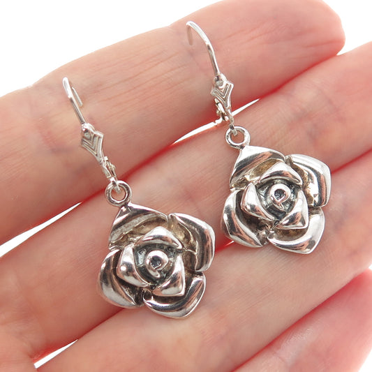 925 Sterling Silver Vintage Rose Flower Oxidized Dangle Earrings
