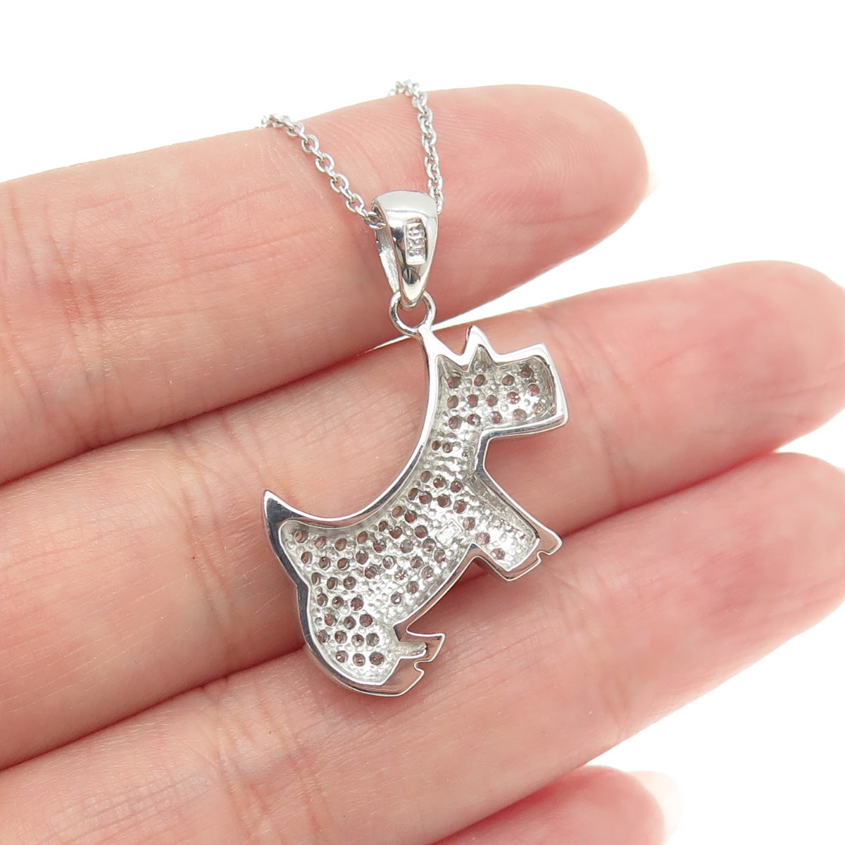 925 Sterling Silver Pave C Z Terrier Dog Pendant Rolo Chain Necklace 18"